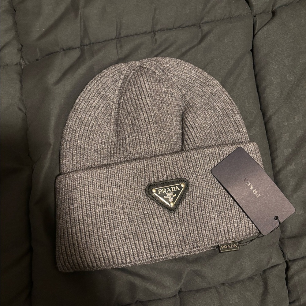 Prada Ribbed Knit Gray Beanie